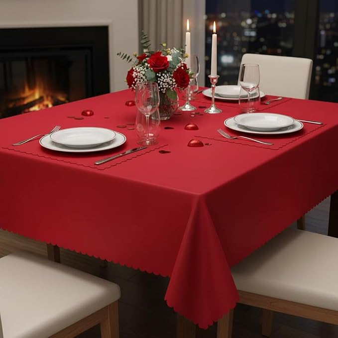 6 Pack Red Plastic Tablecloths, 54 x 108 Inch Valentine's Day Scalloped Tablecloth Disposable Red Table Cloths for Rectangle Tables Waterproof Table Covers for Anniversay Wedding Party