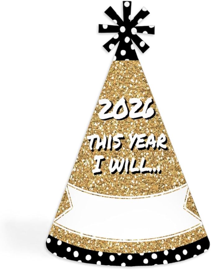 Big Dot of Happiness Pop, Fizz, Clink! - Cone Party Hats - 2026 New Year's Eve Resolution Cone Party Hat for Kids and Adults - Set of 8 (Standard Size)