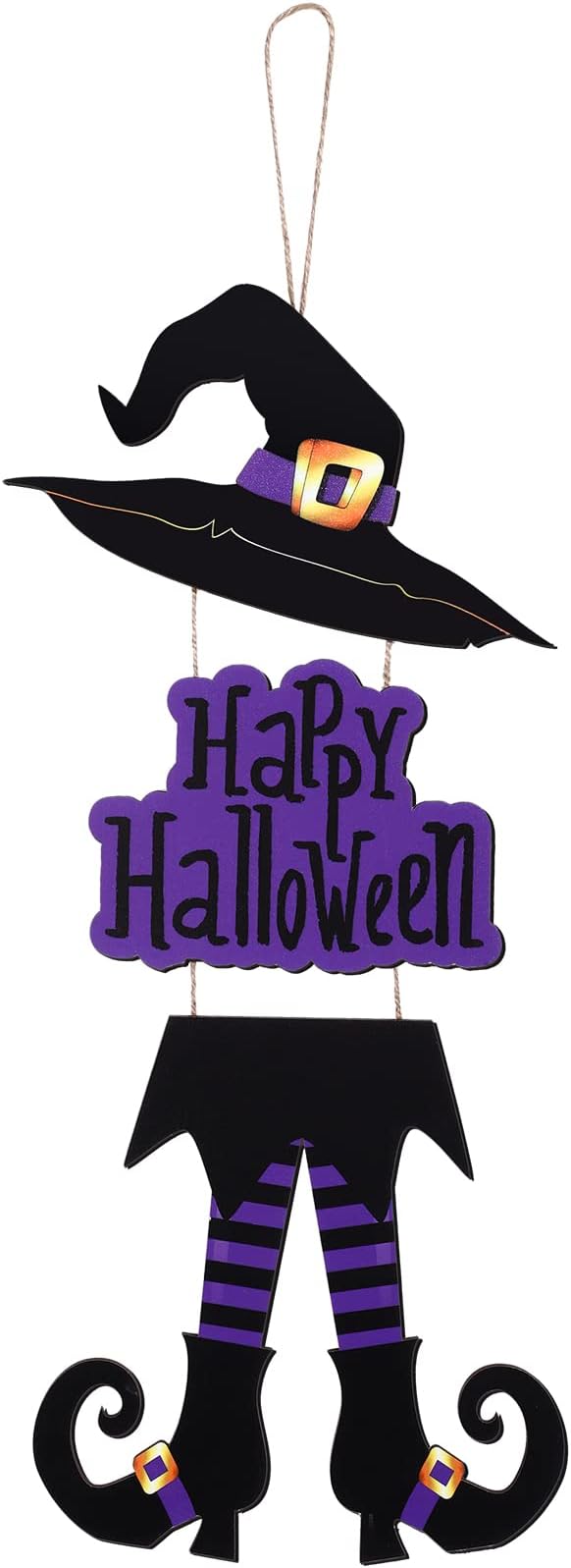 Yerliker Halloween Happy Sign Decoration Witch Legs Hat Hanging Wooden Wall Decor Version Rustic Front Door Hanger Fall Art Ornament for Home Room Indoor Outdoor Holiday Party(Purple)