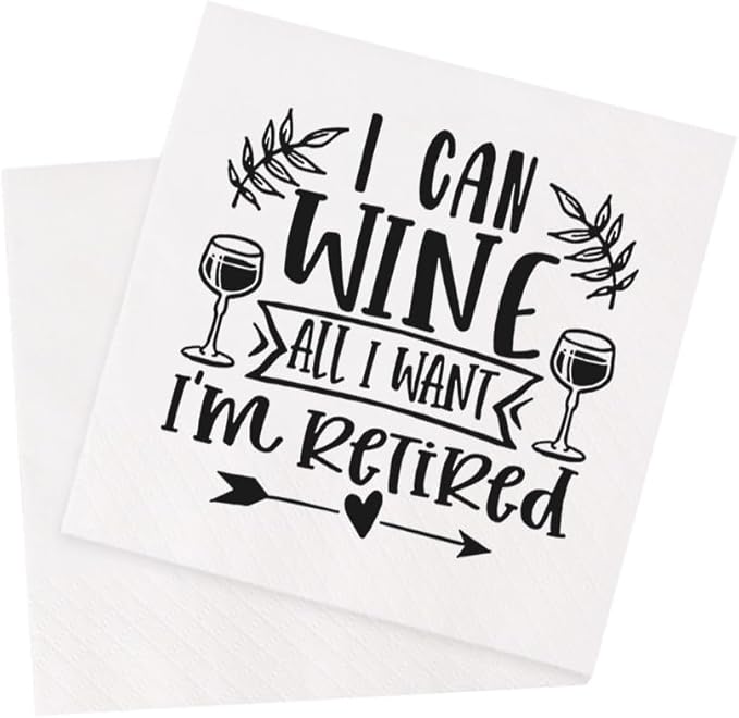Retirement Cocktail Napkins Party Napkins Beverage Napkins Bar Napkins Disposable Paper Novelty Humorous Gag Gift 100Pcs 4.5 x 4.5 21-ply (I Can Wine All I Want I'm Retired)