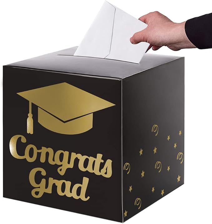 Graduation Card Box Holder, Congrats Grad Foldable Cardboard Decorations Box for Graduation Party Decoration and Grad Parties (Black)