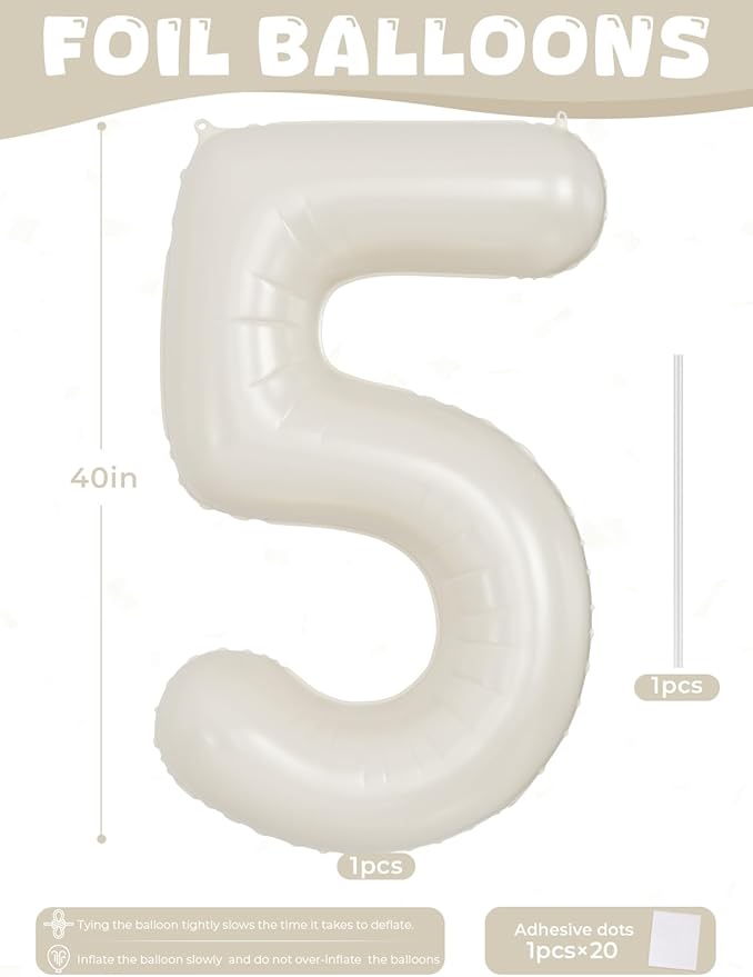 Cream Number 5 Balloons – 40 Inch Giant Foil Number Balloon, Light Cream Number Balloon for Birthday Anniversary Baby Shower Party Decorations