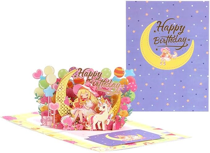 Pop Up Birthday Card for Girls and Women - 3D Unicorn and Princess on Moon Birthday Greeting Card, Laser Cut Handmade Gift Card for Daughter, Kids, Sister, Mom - Includes Envelope and Note Card