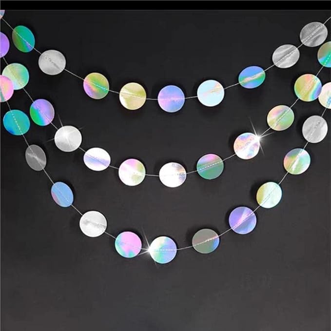 JEYE Iridescent Silver Glitter Circle Dots Paper Garland Polk Dot Streamer Party Decoration Banner Backdrop Hanging for Birthday Wedding Baby Shower Engagement Graduation Thanksgiving