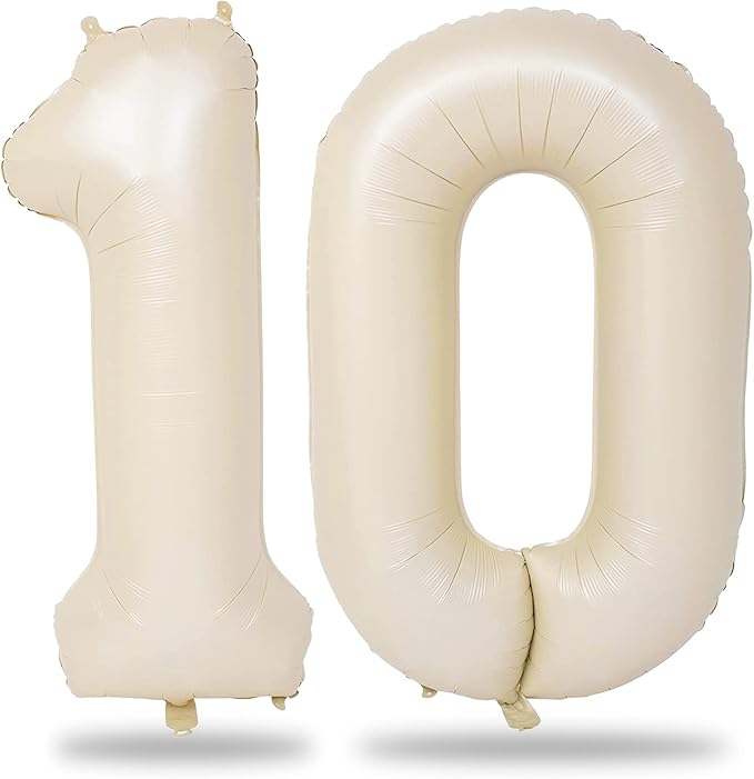 Cream 10 Balloon Numbers for 10th Birthday Decorations, 40 Inch Beige Helium Foil Number 1 & 0 Balloons for Girls Boys, White Sand 10th Birthday Balloons for Women Men Anniversary Party Supplies