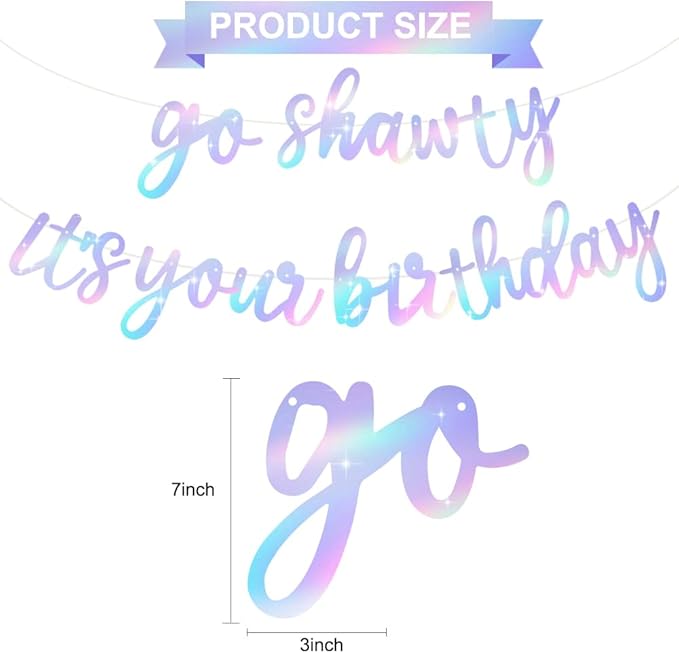 BEISHIDA Iridescent Go Shawty It's Your Birthday Banner - NO DIY - Hip Hop Theme Glitter Happy Birthday Banner - Pre-Strung - Black Rap Theme Happy Birthday Sign for Man Women birthday Party Supply