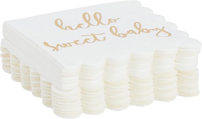 Juvale Baby Shower Napkins - 5 x 5 In, Gold Foil, 50 Pack - White Scalloped Napkins for Gender Neutral Baby Shower Decorations & Table Decor for Boy & Girl