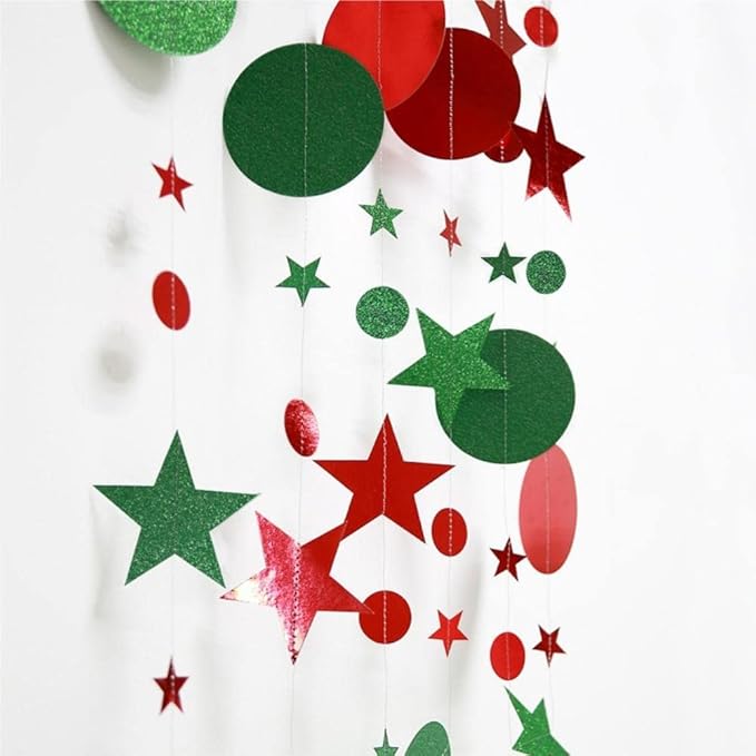JEYE Red Green Circle Dots Twinkle Star Party Garland Banner Decoration Paper Hanging Streamer Bunting Backdrop Decor for Birthday Wedding Thanksgiving Christmas Decor, Pack of 2, 26 Feet in Total