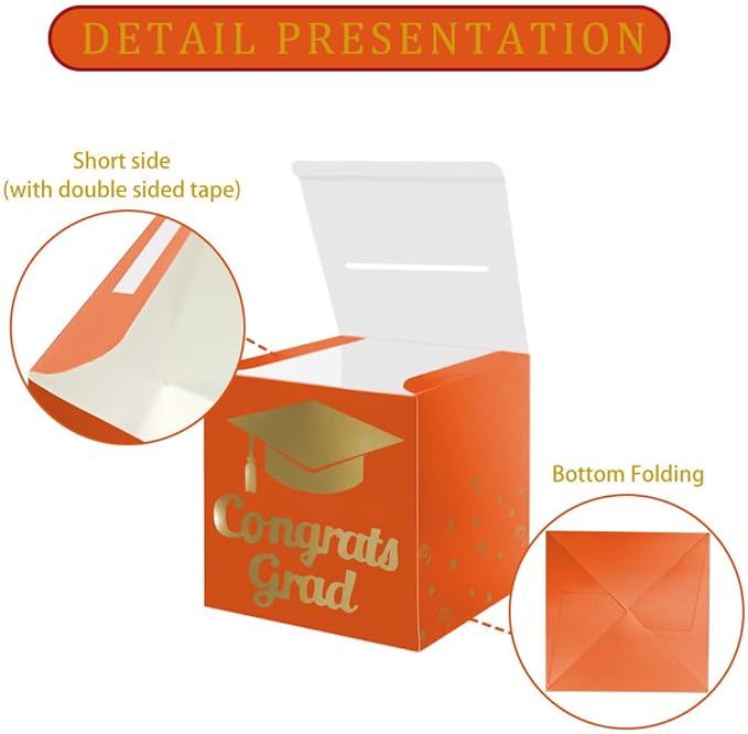 Graduation Card Box Holder, Congrats Grad Foldable Cardboard Decorations Box for Graduation Party Decoration and Grad Parties (Orange)
