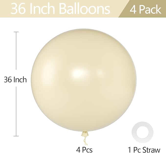 KALOR Warm Ivory Giant Balloons 36 Inch Large Latex Balloons, 4 Pack Jumbo Round Helium Balloon for Birthday Bridal Shower Wedding Baby Shower Party Decorations