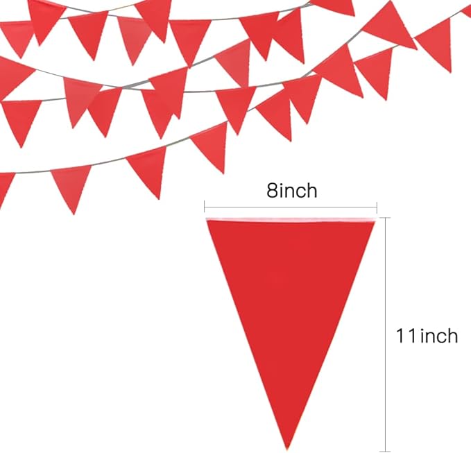 Novelty Place 36 Feet Solid Red Pennant Banner - 30 Multicolor Bunting Flags (8x11 Inches) - Birthday Party Grand Opening Holiday Decorations