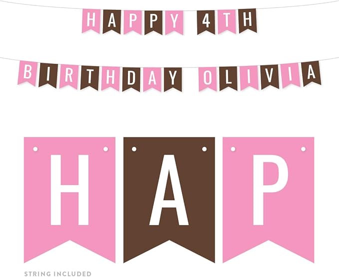 Andaz Press Personalized Hanging Pennant Banner Party Decorations, Pink, Brown, Happy 4th Birthday Olivia, 1-Pack, Approx. 5-Feet, Custom Name and Number, Girl Monkey Theme