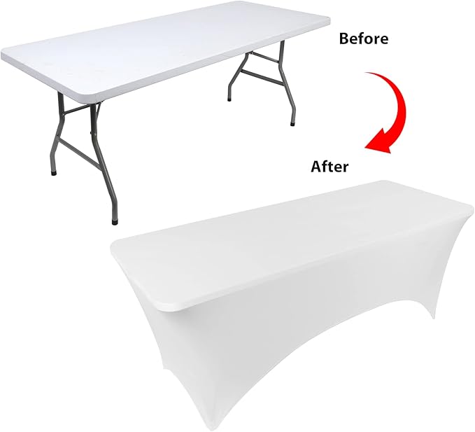 Table Covers for 6 Foot Tables, 2 Pack White Washable and Wrinkle Resistant Stretch Tablecloths Rectangle 6ft for Events, Wedding, Banquets, Parties