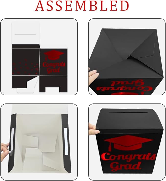 Graduation Card Box Holder, Congrats Grad Foldable Cardboard Decorations Box for Graduation Party Decoration and Grad Parties (Black-red)