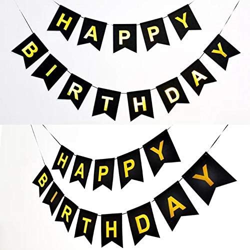 Tellpet Black HAPPY BIRTHDAY Banner with 5 pcs Gold Confetti Balloons