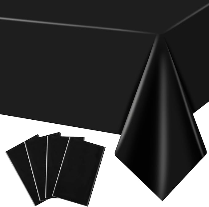 MRJ 4 Pack Black Tablecloth Rectangle Plastic Table Cloth 54 x 108 Inch Waterproof for Outdoor Picnic Holiday Party Disposable Use