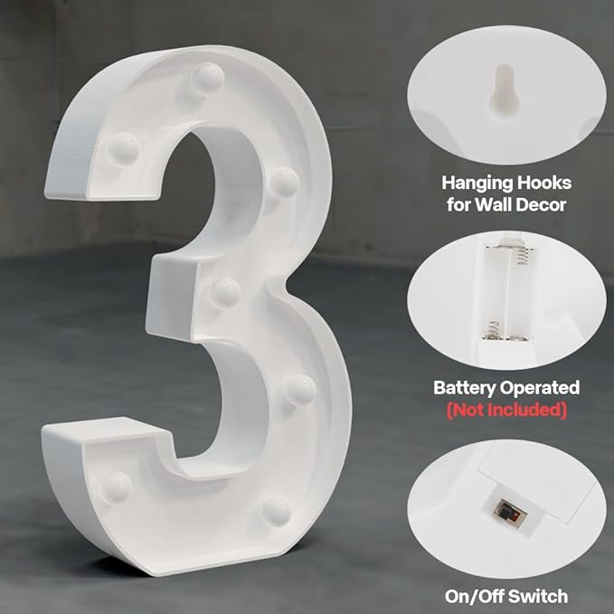 Marquee Light up Numbers 0-9, Battery Powered LED Light, White Plastic Sign for 3rd Birthday Decorations, Graduation Engagement Wedding Decor (Number 3)