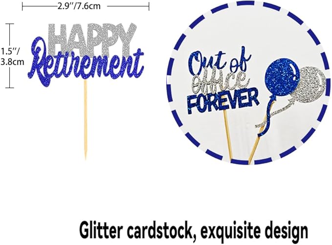 24 Pcs Happy Retirement Cupcake Toppers Officially Retired Cupcake Picks, Out Of Office Forever Retirement Theme Cake Toppers Decorations for Farewell Party Cakes (Blue&Silver)