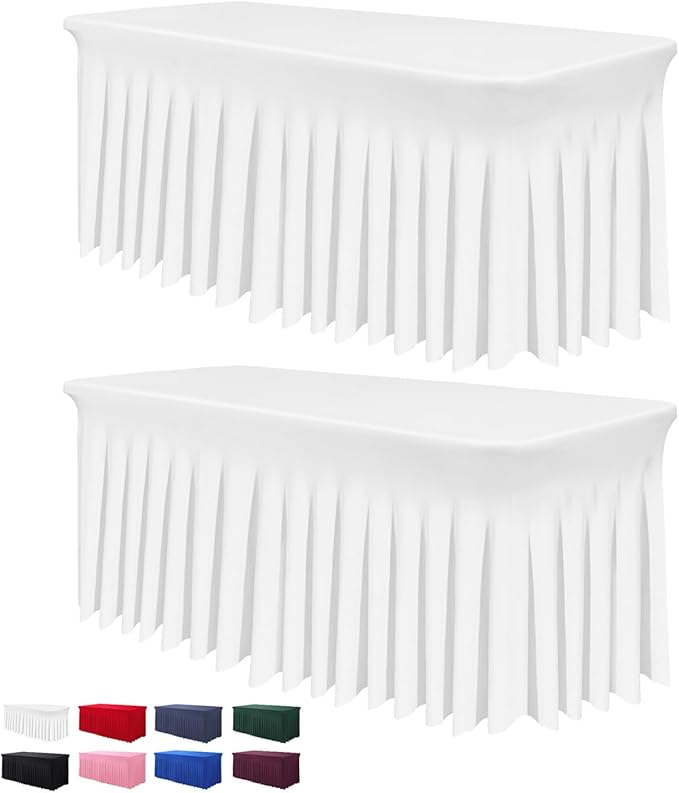Table Skirt for 4 Foot Tables - 2 Pack One-Piece White Tablecloths and Skirt, Wrinkle Resistant Ruffles Elastic Cover for Banquets, Weddings, Events, Parties