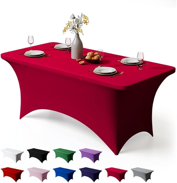 Trlyc 1 Pack 8FT Spandex Table Cloth - 96 x 30 Inch Rectangular Stretch Tablecloth, Wrinkle Resistant Scretch Table Cover for Wedding, Party, Banquet, Picnic, Outdoor Decoration (1Pcs,Burgundy)