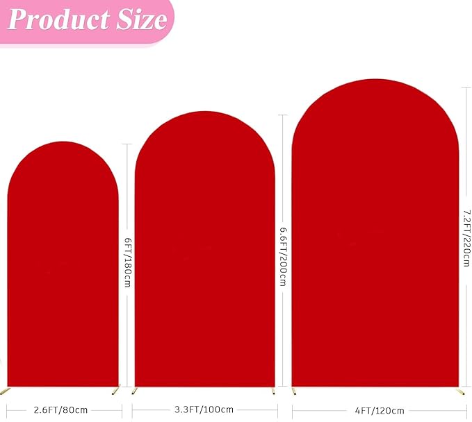 Wedding Arch Cover (7.2FT, 6.6FT, 6FT) Set of 3 Arch Backdrop Spandex Cover for Birthday Party Baby Shower Ceremony Banquet Decoration (Red, 7.2FT,6.6FT,6FT)