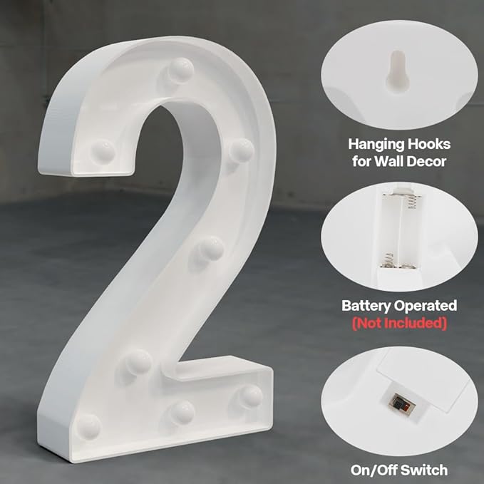 Marquee Numbers Light up Numbers, 0-9 Number Battery Powered LED Light, White Plastic Numbers Sign for 2nd Birthday Decorations, Number Decor for Graduation Engagement Wedding Birthday (Number 2)