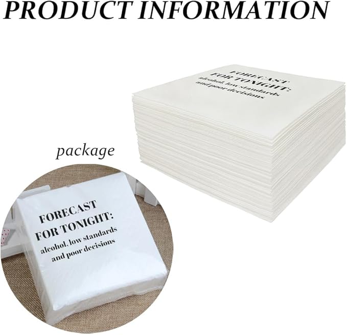 Funny Cocktail Napkins 100Pcs Funny Quotes Saying Disposable Paper Party Napkins 4.5 x 4.5 Two-ply (Forecast For Tonight: Alcohol, Low Standards, and Poor Decisions Napkins)
