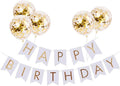 Tellpet White HAPPY BIRTHDAY Banner with 5 pcs Gold Confetti Balloons