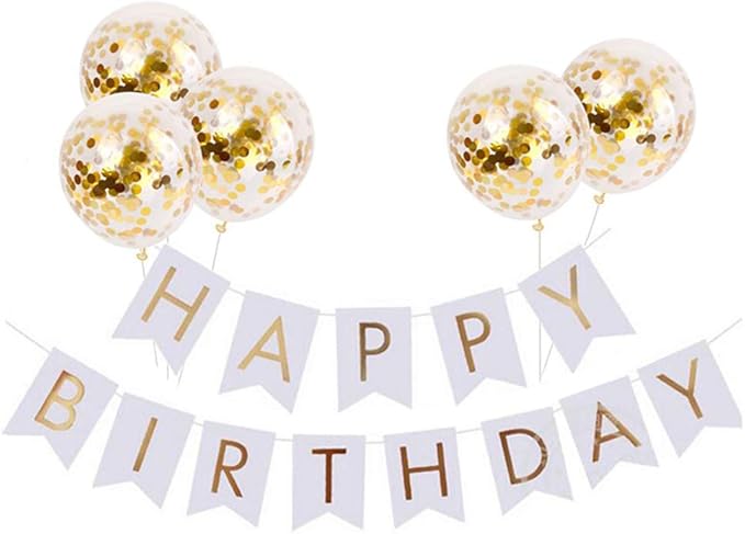 Tellpet White HAPPY BIRTHDAY Banner with 5 pcs Gold Confetti Balloons
