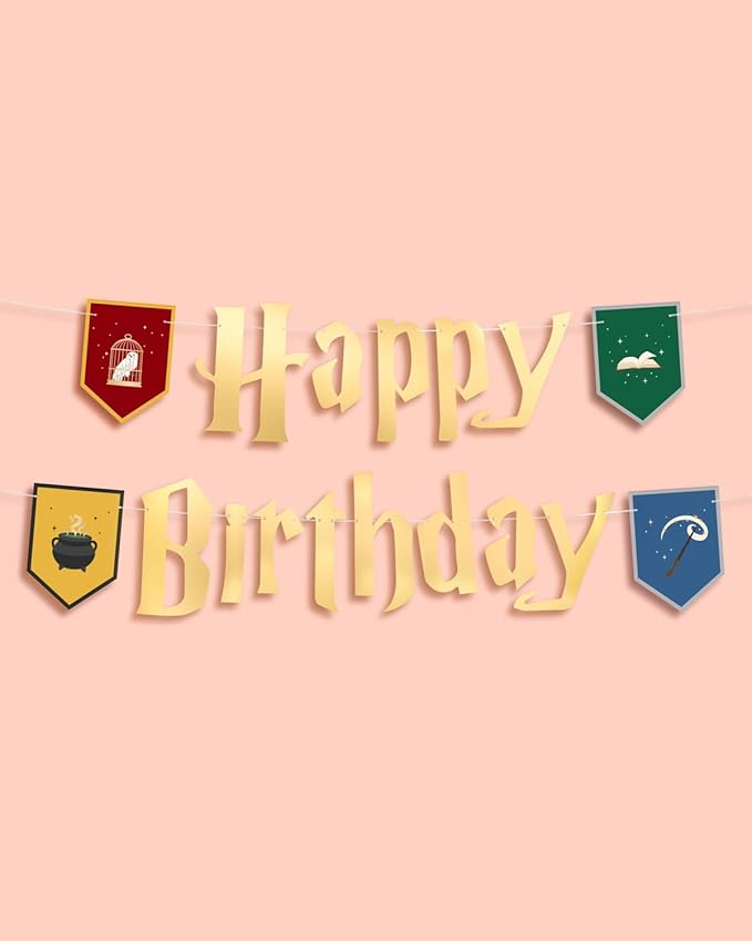 xo, Fetti Wizard Happy Birthday Banner - Gold Foil, 6.5 Ft. | Bday Garland, Kids Party Decoration, Magic Theme Sign, Photoshoot Backdrop