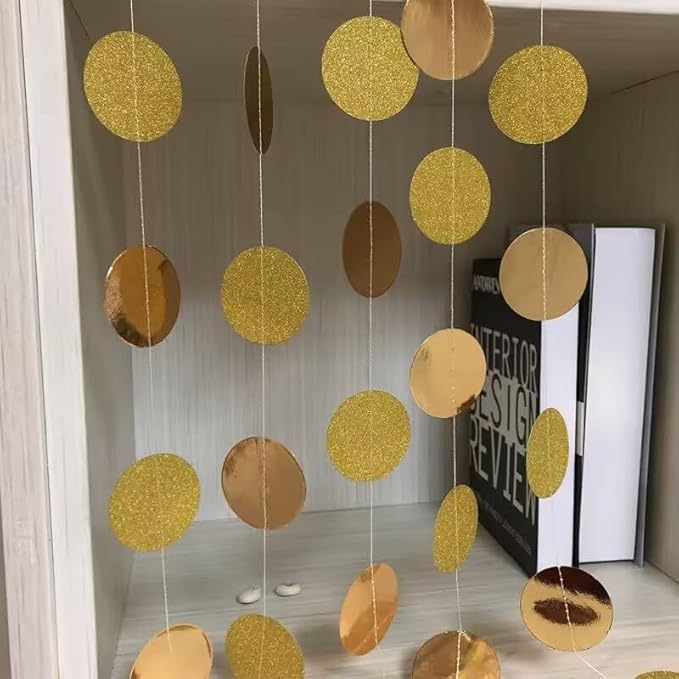 Gold Circle Dots Garlands Decorations, 52 Feet, Glitter Garland Hanging Banner for Christmas Party, Anniversaries, Wedding, Birthday Parties, Graduations Parties, Baby Shower(Gold)