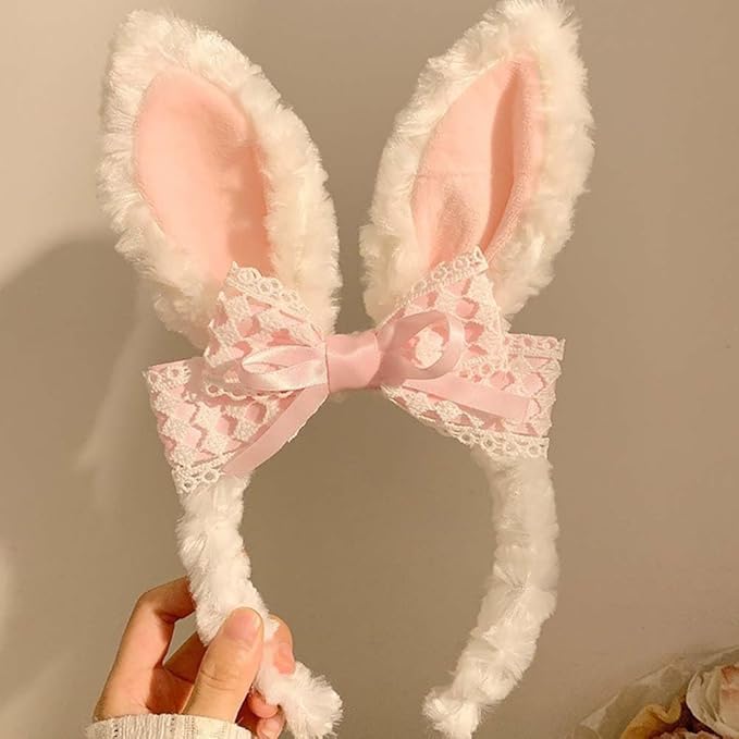 Blync Easter Bunny Ears Headband, Lace Curly Rabbit Hair Accessories, Pink Bow Hairband for Party, Photos, Cosplay