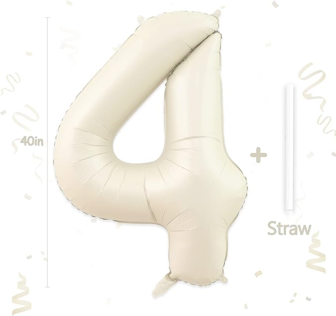 4 Balloon, 4 Balloon Number, Number 4 Balloon 40 Inch, Sand White Large Big Foil Number Balloons for Birthday Party Graduation Wedding Anniversary Baby Shower Bachelorette Decoration Supplies