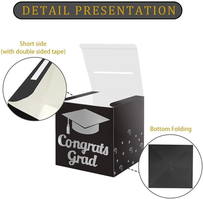Graduation Card Box Holder, Congrats Grad Foldable Cardboard Decorations Box for Graduation Party Decoration and Grad Parties (Silver)