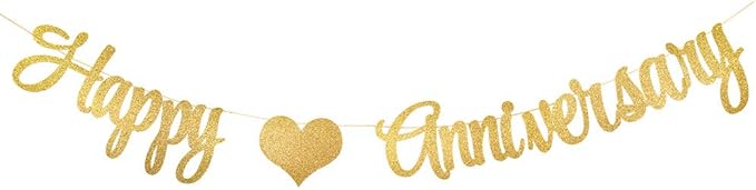 PALASASA Gold Glittery Happy Anniversary Banner for Wedding Anniversary Party Decorations