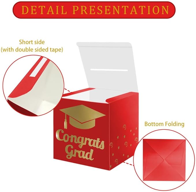 Graduation Card Box Holder, Congrats Grad Foldable Cardboard Decorations Box for Graduation Party Decoration and Grad Parties (Red)