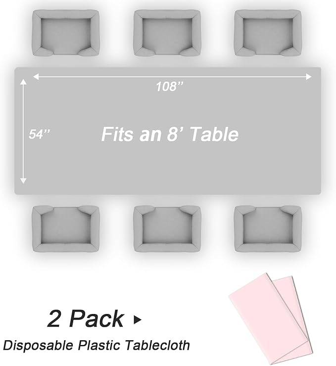 QIKSION Pink Plastic Table Cloth Disposable 2 Pack, 54 x 108 Inch Tablecloths for Valentines, Easter, Mothers Day Decorations, Baby Shower Birthday Party, Rectangle Table Cover