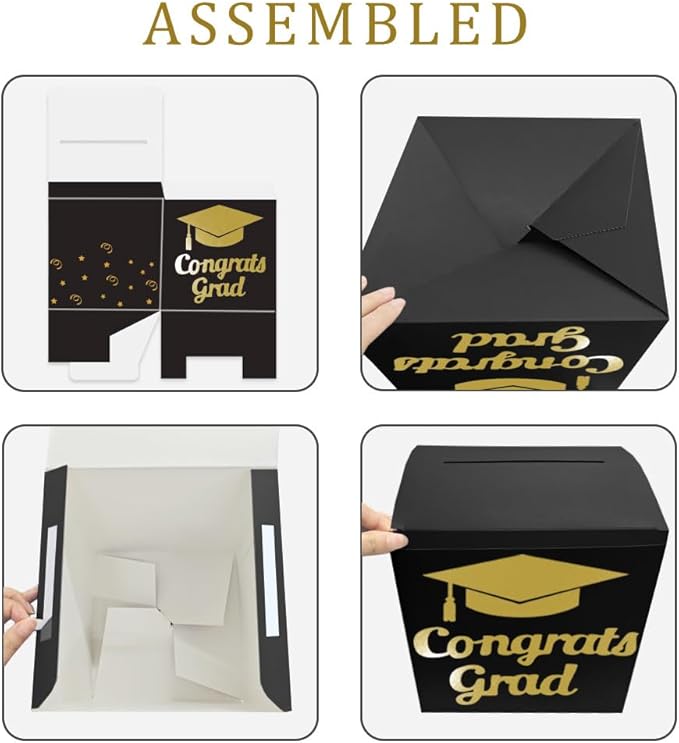 Graduation Card Box Holder, Congrats Grad Foldable Cardboard Decorations Box for Graduation Party Decoration and Grad Parties (Black)