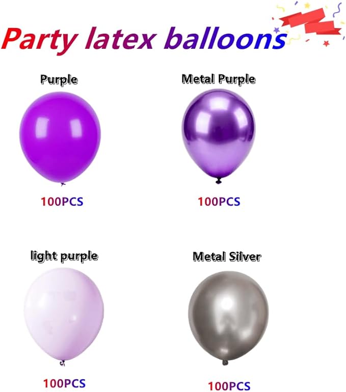 400 Pcs Purple Balloons 12 Inch Latex Bulk Metallic Purple Silver Assorted Color Balloon Set for Birthday Wedding Baby Shower Party Decorations ﻿