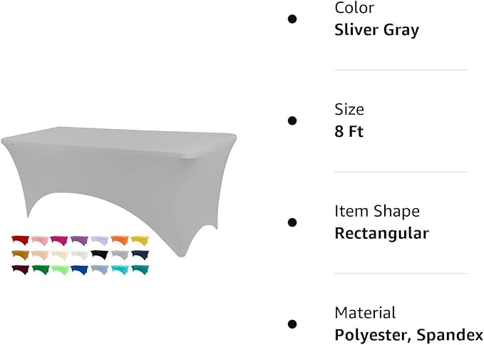 Table Covers for 8 Foot Tables, Sliver Gray Washable and Wrinkle Resistant Stretch Tablecloths Rectangle 8ft for Events, Wedding, Banquets, Parties