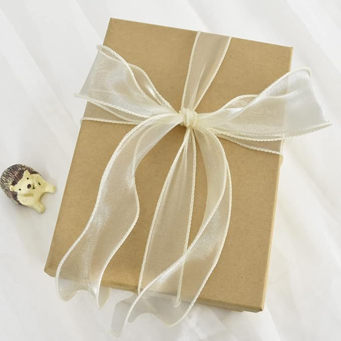 TONIFUL 1-1/2 Inch Wide Beige Cream White Wired Chiffon Ribbon Sheer Organza Ribbons for Crafts Floral Bouquets Wedding Car Party Decorations Valentine's Day Gift Wrapping Bow Making Tree Wreaths