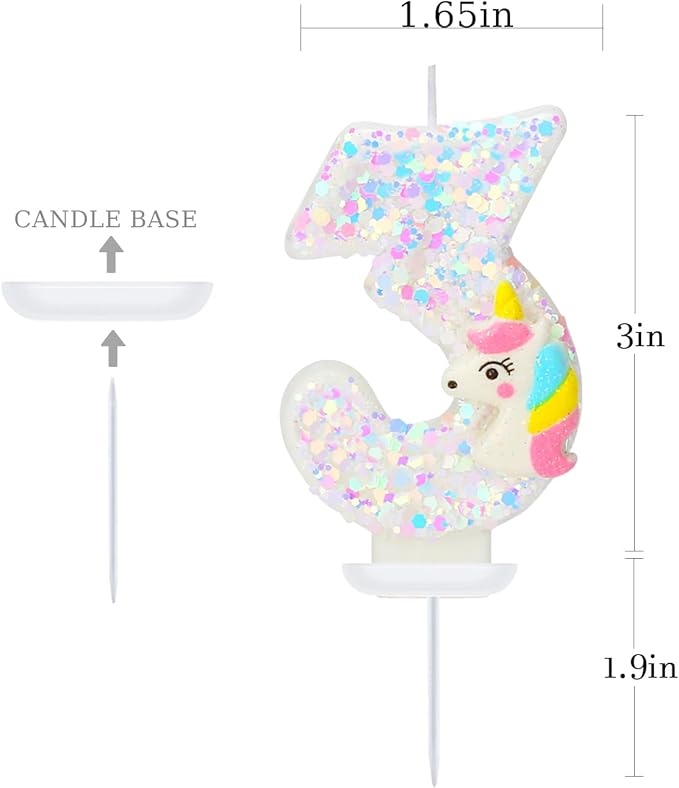 Birthday Candles - Number 3 Candle, Birthday Candles for Cake Topper, Unicorn Party Supplies, Cartoon Themed Party Favors