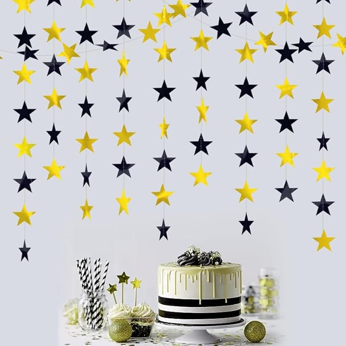 Black Gold Shining Star Hanging Garland Black Gold Hanging Sparkling Star Streamer Glitter Bunting Banner Twinkle Backdrop for Wedding Baby Shower Birthday Decorations 40 Feet