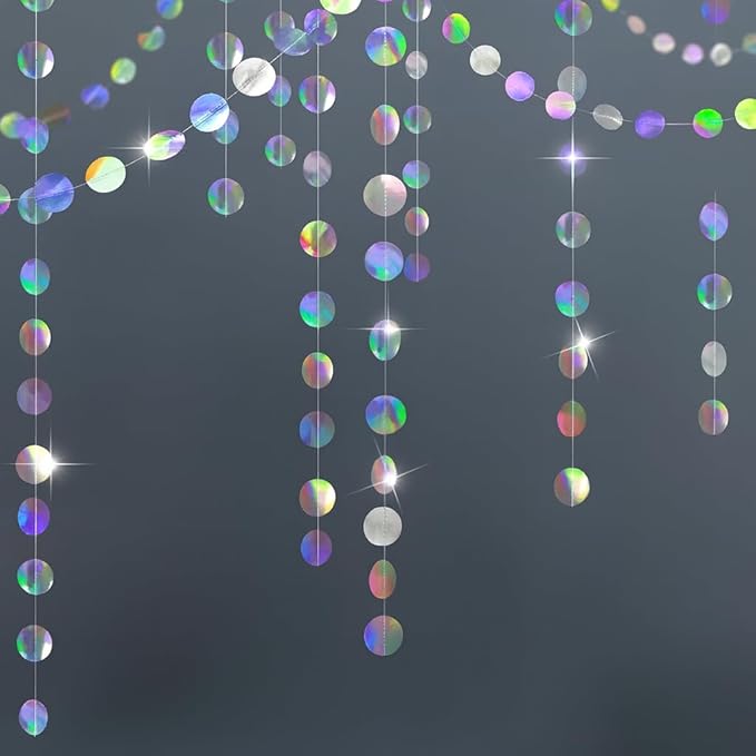 GCQQ 52Ft Iridescent Party Decorations Holographic Circle Garlands Sparkly Iridescent Hanging Streamers Garland for Mermaid Disco Bachelorette Birthday Party Decorations