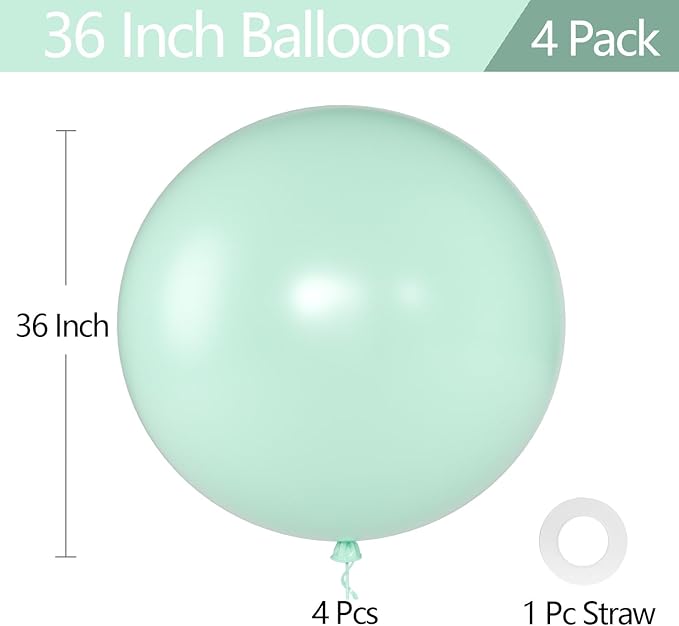 KALOR Pastel Green Giant Balloons 36 Inch Large Latex Balloons, 4 Pack Jumbo Round Helium Balloon for Birthday Bridal Shower Wedding Baby Shower Party Decorations