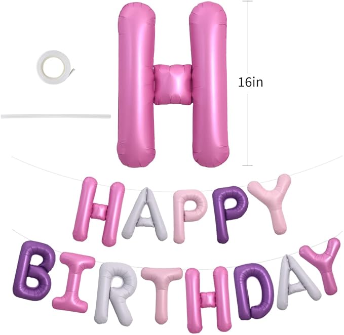 TONIFUL Happy Birthday Balloons Banner with Ribbon Straw, 16 Inch Mylar Foil Letters Birthday Sign Banner Balloon Bunting Reusable for Girls Boys Kids & Adults Birthday Supplies（Pink Purple）