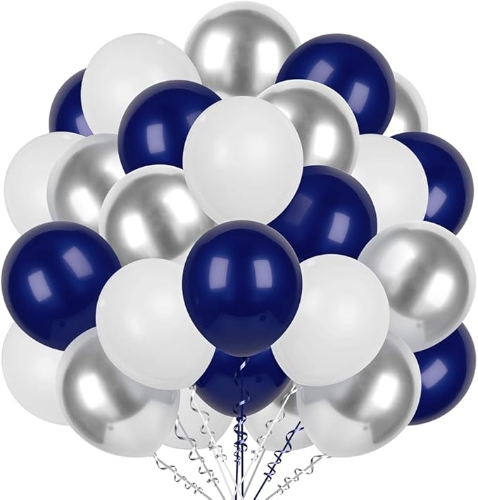 300 Pcs White Navy Blue and Silver Balloons 12 Inch Latex Assorted Color Bulk Balloon for Graduation Ceremony Birthdays Weddings Party Decorations