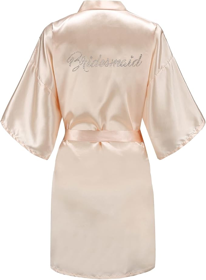 EPLAZA Women's One Size Silver Rhinestones Bride Bridesmaid Short Satin Robes for Wedding Party Getting Ready