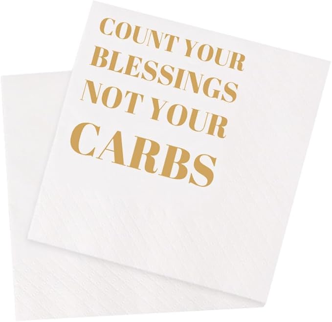Funny Cocktail Napkins 100Pcs Funny Quotes Saying Disposable Paper Party Napkins 4.5 x 4.5 Two-ply (Count Your Blessings Not Your Carbs Napkins)
