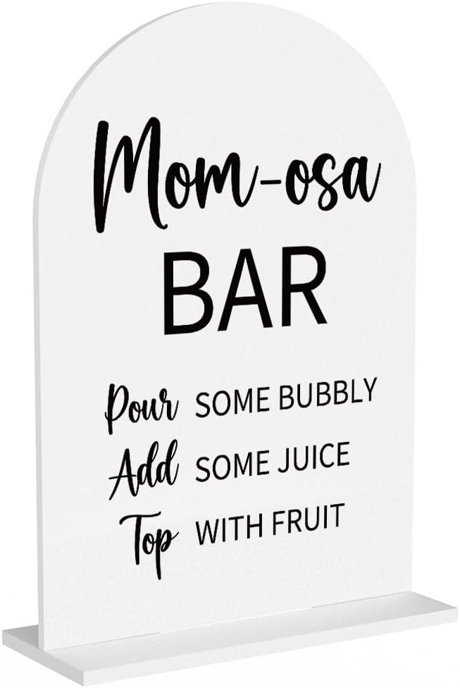 Baby in Bloom Shower Decorations, Baby Shower Sign, Newborn Gifts, Mom-Osa Bar Signs, Modern Calligraphy Arched Acrylic Table Top Signs With Stand for Birthday Party Decorations (White)
